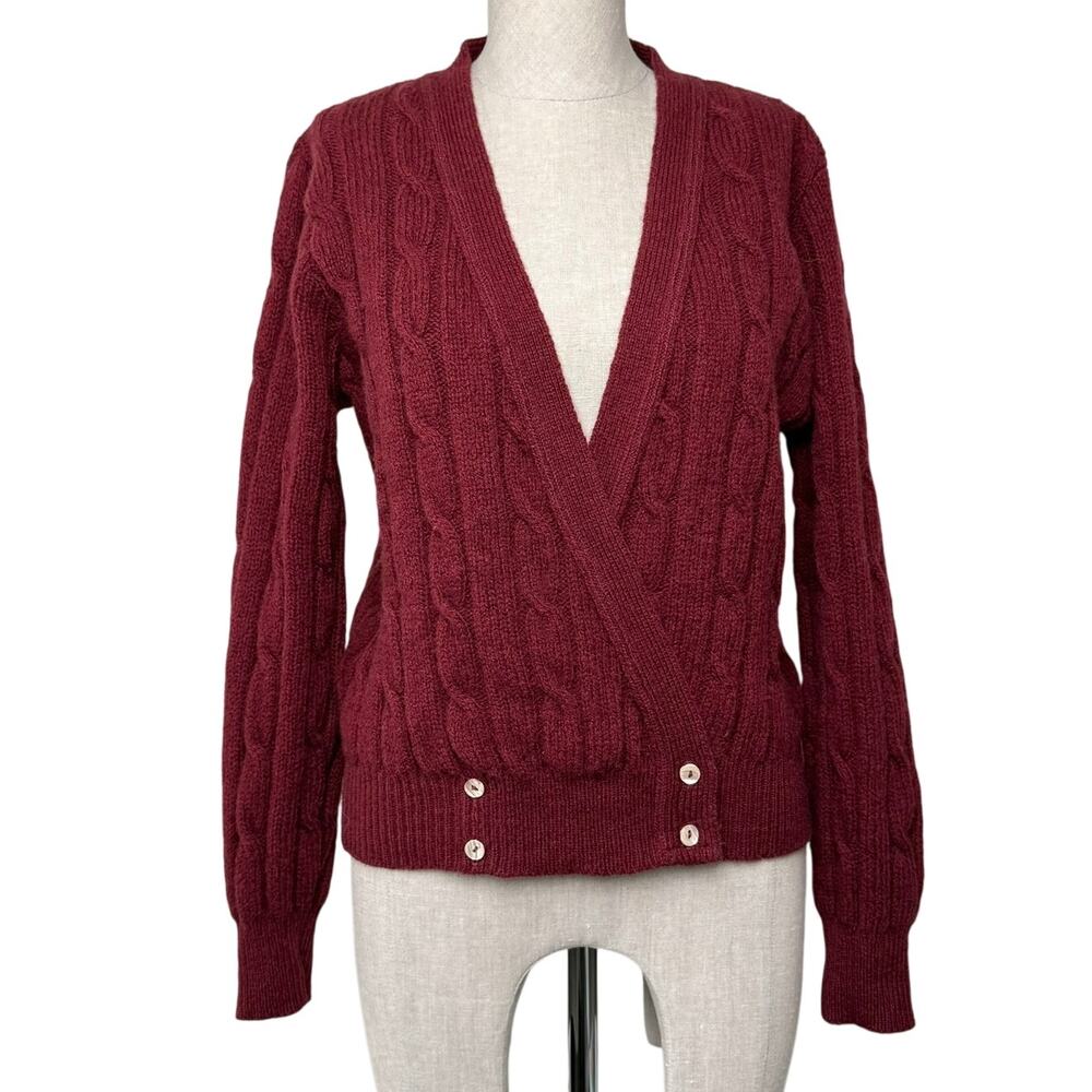 Vintage Cambridge Spirit Wool Surplice Cardigan Cable Knit Burgundy USA Loomed